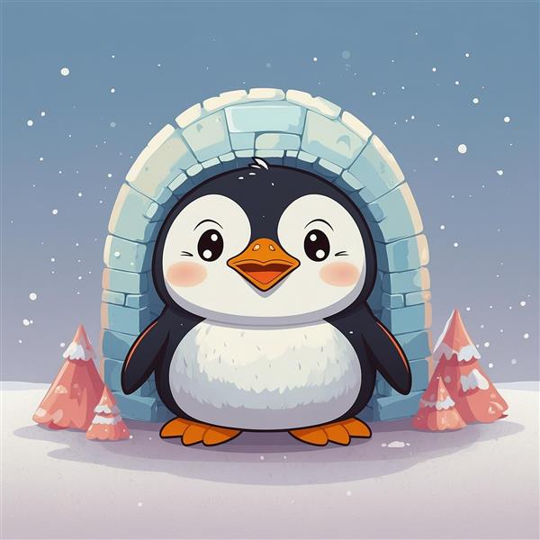 طرح پنگوئن کارتونی باکیفیت خندان جلوی ایگلو با درختان صورتی