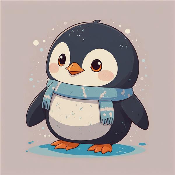عکس پنگوئن فانتزی با شال‌گردن طرح‌دار روی سطح یخ‌زده