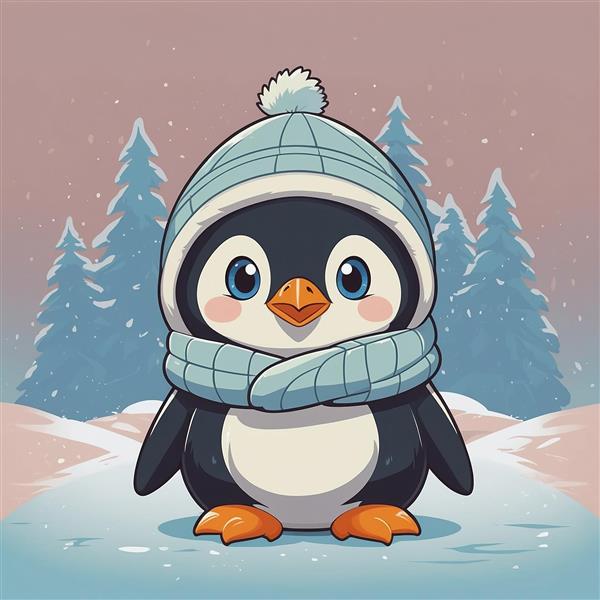 طرح پنگوئن کارتونی باکیفیت با کلاه و شال‌گردن آبی در برف
