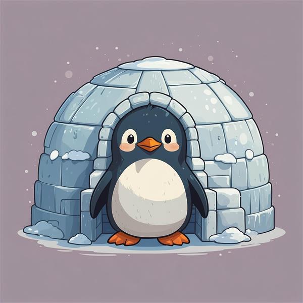 طرح پنگوئن کارتونی باکیفیت جلوی خانه اسکیمویی ایگلو