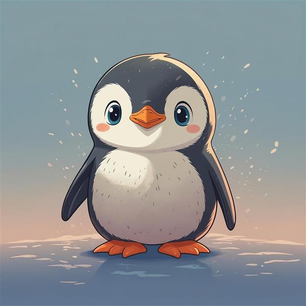 طرح پنگوئن کارتونی باکیفیت روی سطح یخ‌زده در غروب
