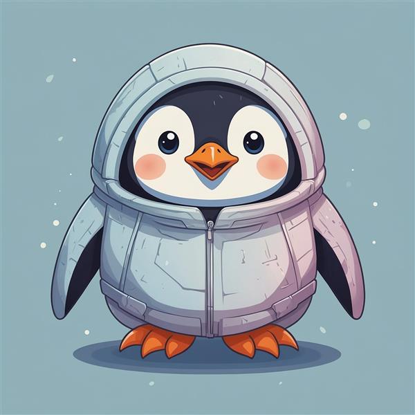 تصویر پنگوئن مینیمال با لباس زمستانی و کاپشن کلاهدار