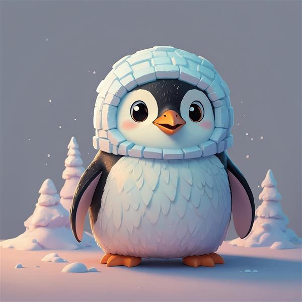 طرح پنگوئن کارتونی باکیفیت با کلاه برفی در منظره زمستانی