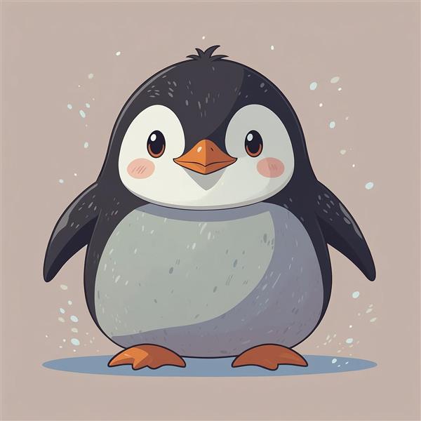 تصویر پنگوئن مینیمال خاکستری با دانه‌های برف در پس‌زمینه