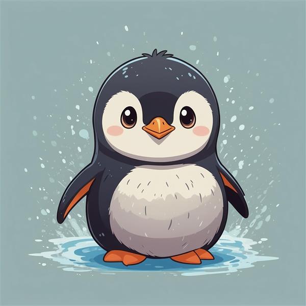 طرح پنگوئن کارتونی باکیفیت با کلاه و شال‌گردن آبی در برف