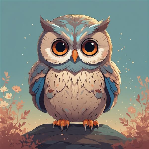 تصویر جغد فانتزی روی سنگ در میان گل‌های وحشی