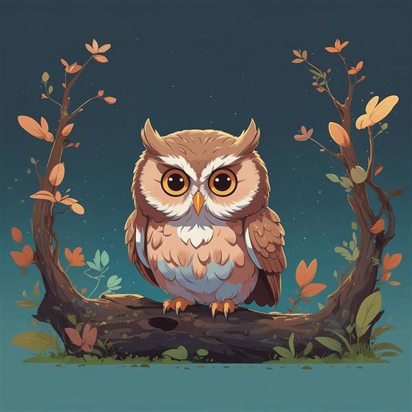 طرح جغد فانتزی میان شاخه‌های درخت در شب مهتابی