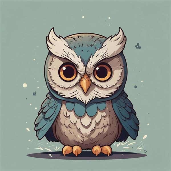 تصویر جغد فانتزی رنگارنگ با پرهای آبی و خاکستری