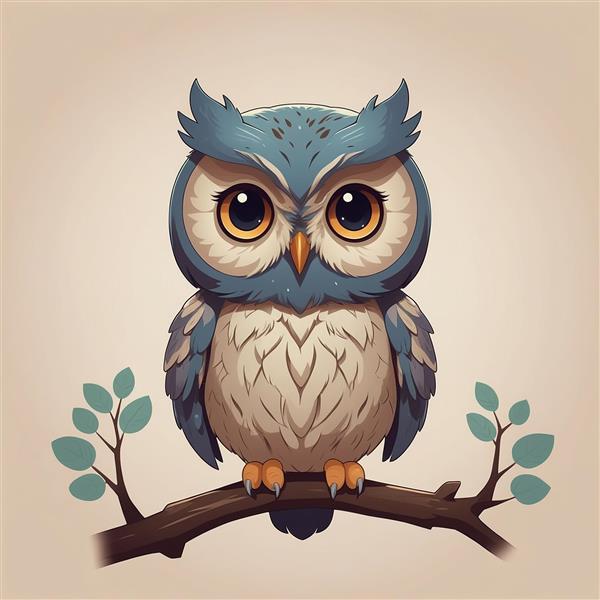 طرح جغد فانتزی روی شاخه درخت با پس‌زمینه روشن