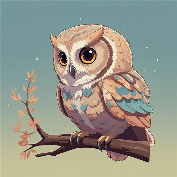 عکس جغد فانتزی روی شاخه با تم رنگی پاستلی