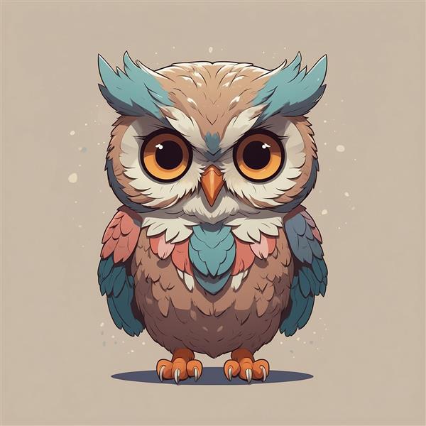 طرح جغد فانتزی رنگارنگ با جزئیات دقیق و چشمان براق