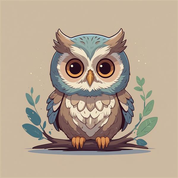 عکس جغد فانتزی روی شاخه درخت با پس‌زمینه ساده