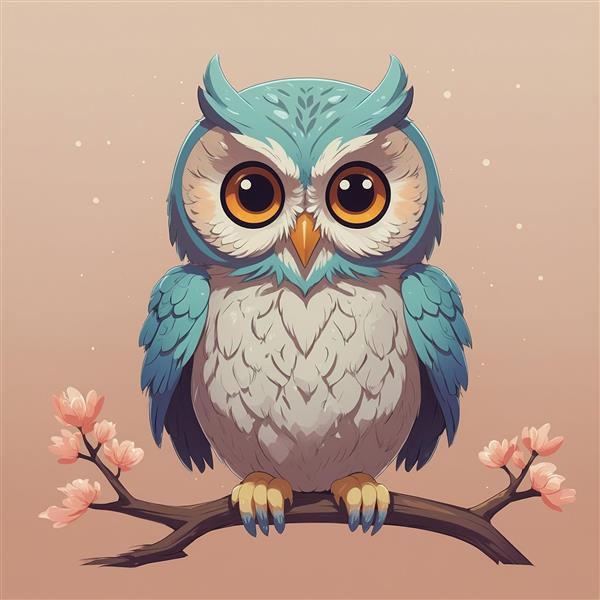 تصویر جغد فانتزی روی شاخه درخت با شکوفه‌های صورتی