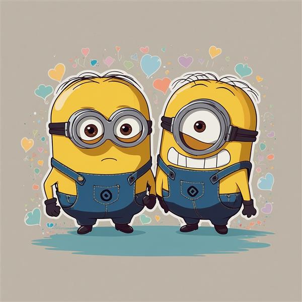 تصویر مینیون‌های شاد فانتزی با پس‌زمینه قلب‌های رنگی
