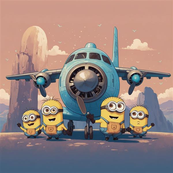 عکس مینیون‌های کارتونی کنار هواپیمای بزرگ در کوهستان