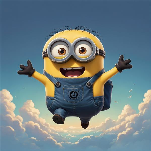 تصویر مینیون کارتونی شاد در حال پریدن میان ابرها