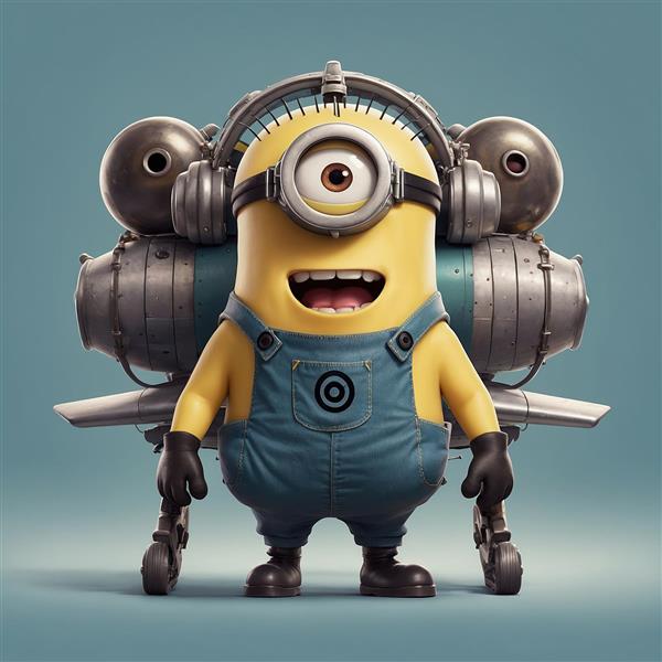تصویر مینیون تک‌چشم کارتونی با تجهیزات جت فضایی