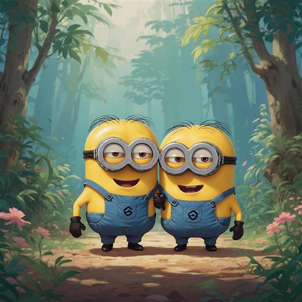 طرح مینیون‌های کارتونی در جنگل سرسبز با جزئیات بالا