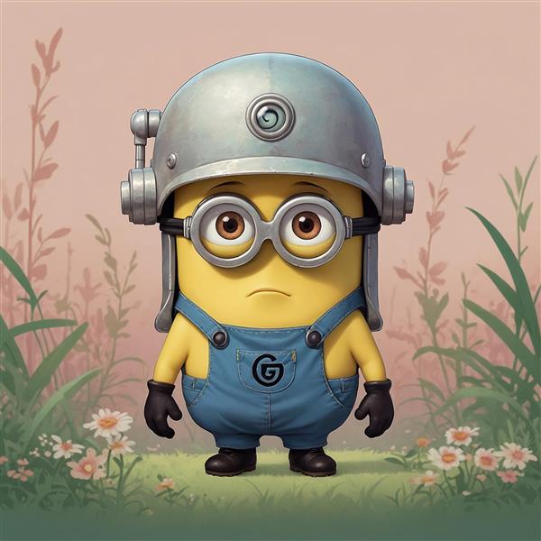 طرح مینیون با کلاه ایمنی در میان چمن‌زار