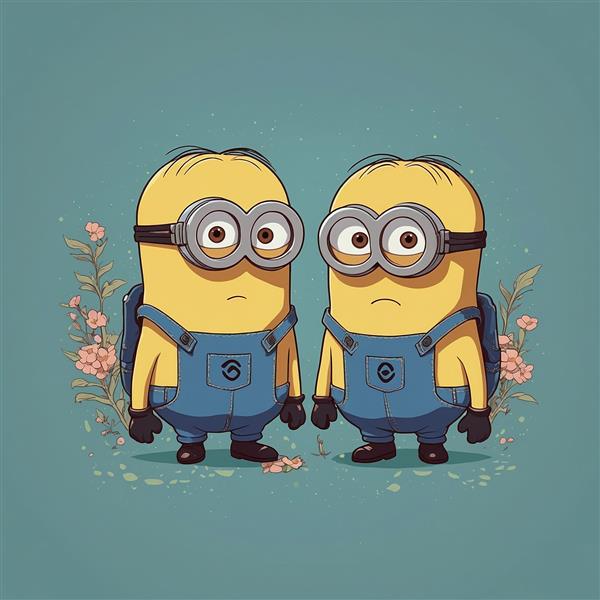 تصویر دو مینیون با کوله‌پشتی در میان گل‌ها