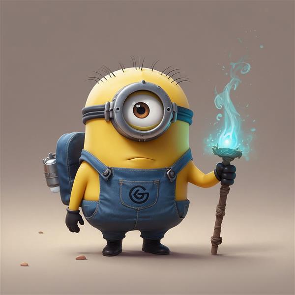 عکس مینیون با مشعل جادویی و کوله‌پشتی در تاریکی