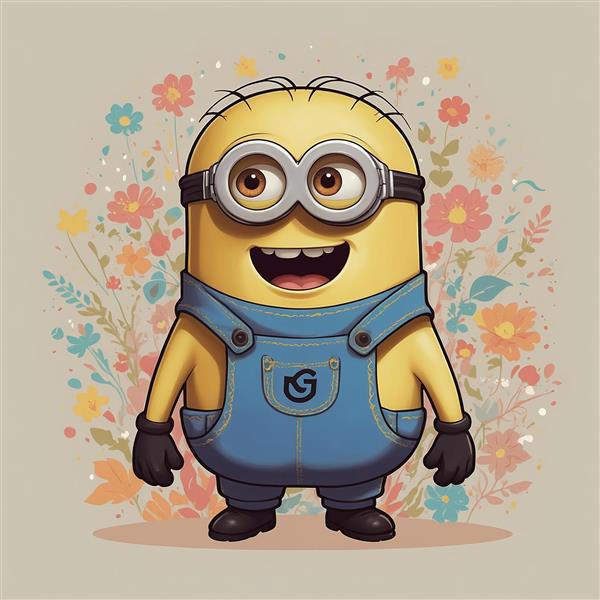 طرح مینیون خوشحال با دهان باز و زمینه گل‌دار