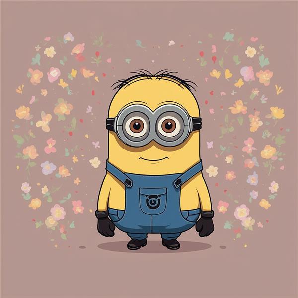 تصویر مینیون فانتزی با پس‌زمینه گل‌های رنگی زیبا