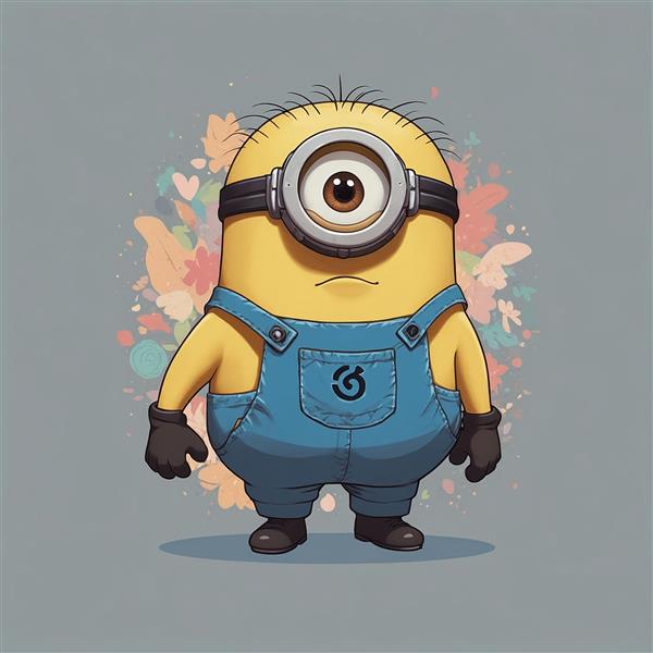 تصویر مینیون کارتونی با پس‌زمینه رنگی و گل‌دار