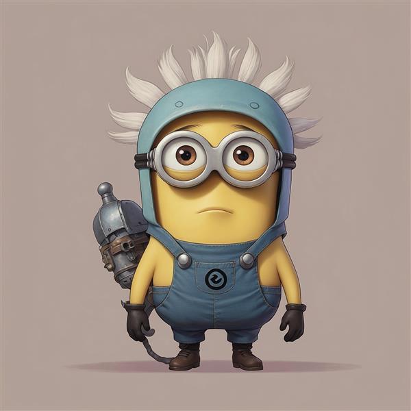 تصویر مینیون کارتونی با کلاهخود و تجهیزات فانتزی