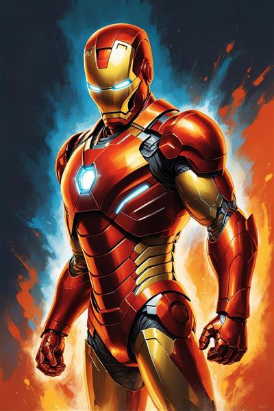 طرح مرد آهنی فانتزی با هاله نور آبی و قرمز