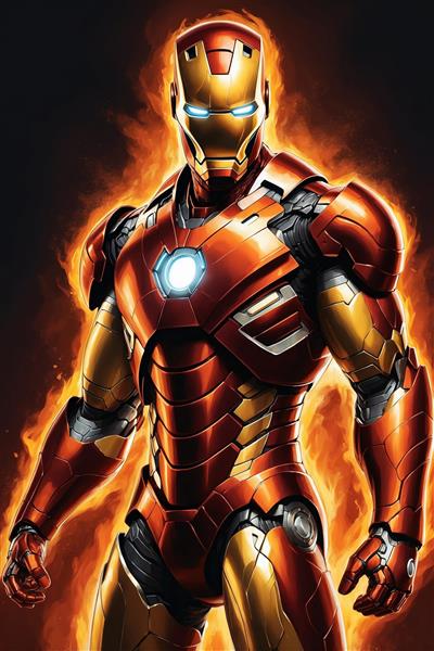 تصویر مرد آهنی با جزئیات بالا و پس‌زمینه آتشین