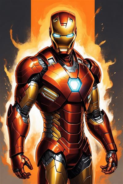 عکس مرد آهنی با نورپردازی شعله‌های آتش نارنجی