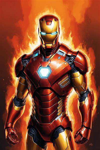 تصویر مرد آهنی مینیمال با جزئیات زره و نور خیره‌کننده