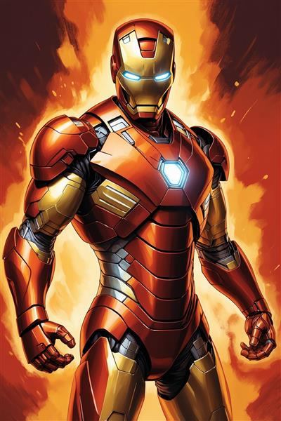 عکس مرد آهنی باکیفیت در میان انفجار نور و آتش