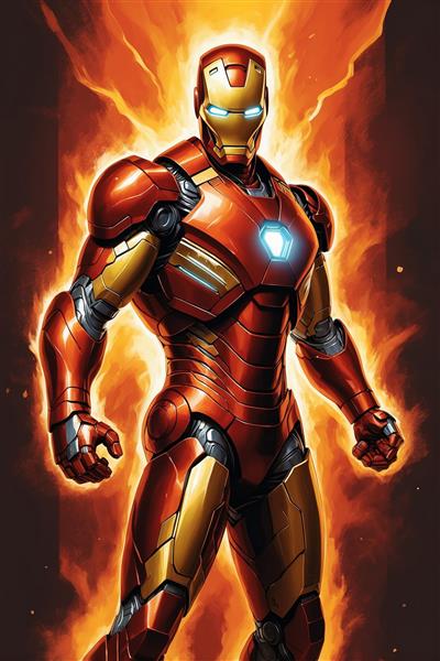 طرح مرد آهنی فانتزی با عضلات آهنین و پس‌زمینه گرم