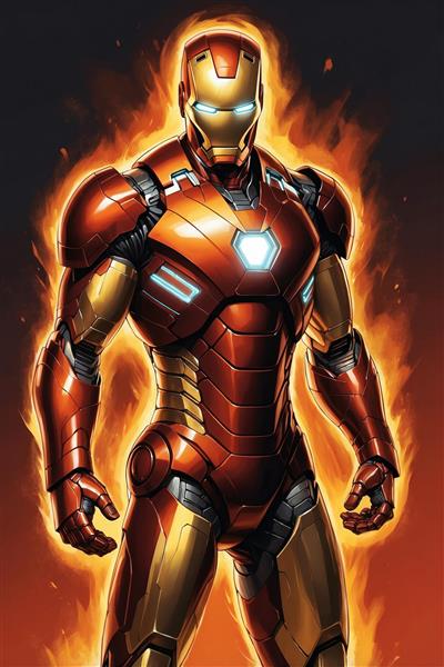 تصویر مرد آهنی فانتزی با هاله نور و زره پیشرفته