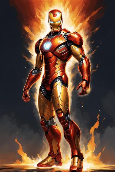 طرح کامل مرد آهنی فانتزی ایستاده میان شعله‌های آتش