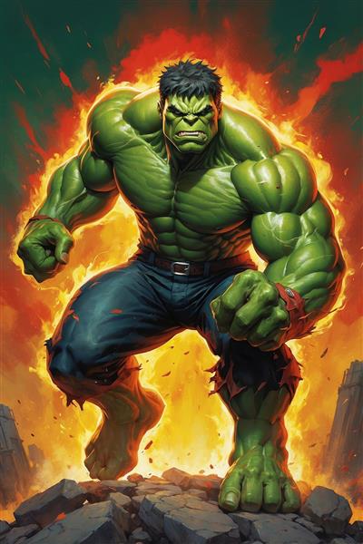 تصویر نیم‌تنه هالک عصبانی با جزئیات بالا و پس‌زمینه آتش