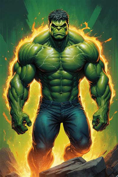 تصویر هالک سبز قدرتمند با هاله آتشین زرد و نارنجی