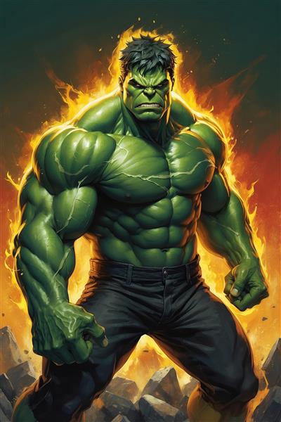 عکس هالک عضلانی در میان شعله‌های آتش و دود