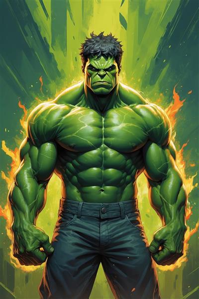 تصویر هالک قهرمان سبز با هاله آتشین و عضلانی