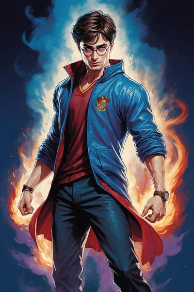 طرح هری پاتر جادوگر با لباس نشان‌دار و هاله جادو
