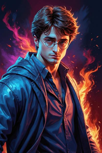 تصویر چهره هری پاتر با عینک و شعله‌های جادویی بنفش