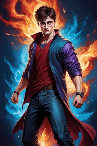 طرح هری پاتر جادوگر با لباس بنفش و هاله انرژی