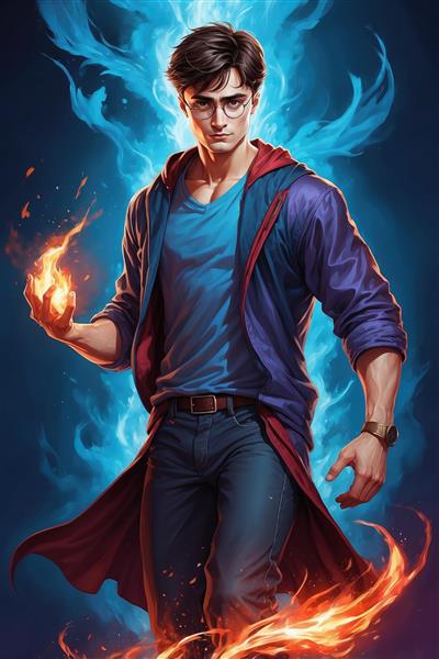 عکس هری پاتر جادوگر با لباس آبی و شعله‌های جادویی