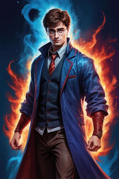 طرح هری پاتر فانتزی با شنل آبی و هاله آتش