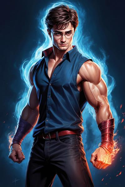 تصویر هری پاتر فانتزی با عضلات ورزیده و جادوی آبی