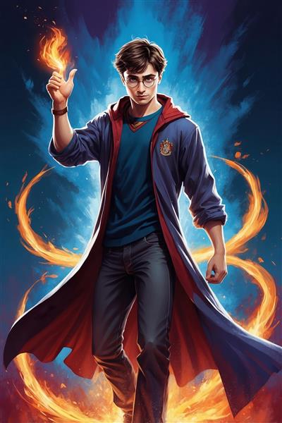 عکس هری پاتر فانتزی با شنل جادویی و گوی آتشین