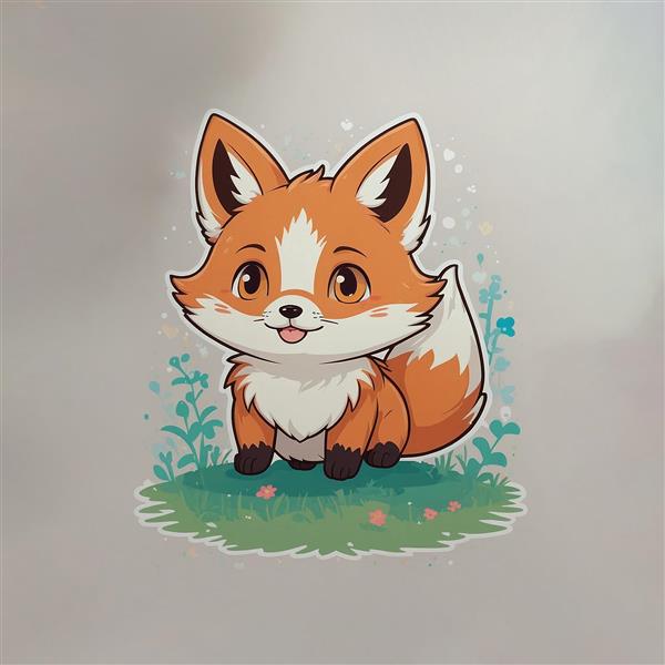 استیکر روباه فانتزی با دم سفید و فضای گل‌گلی باکیفیت