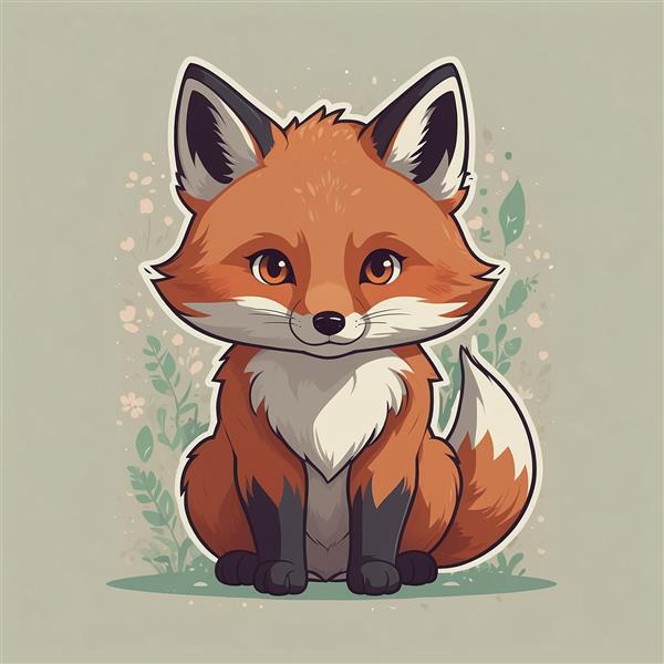 طرح گرافیکی روباه فانتزی نشسته با پس‌زمینه گل‌های رنگی